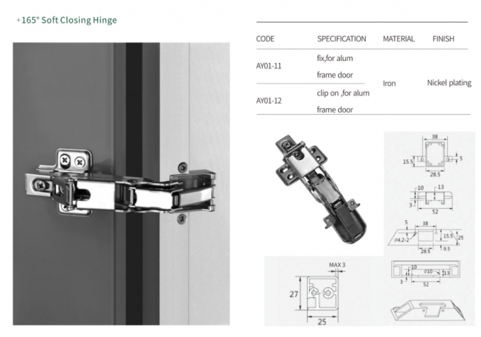 AY01 165° Wide Opening Nickel Plating Hinge for Alum Frame Door supplier