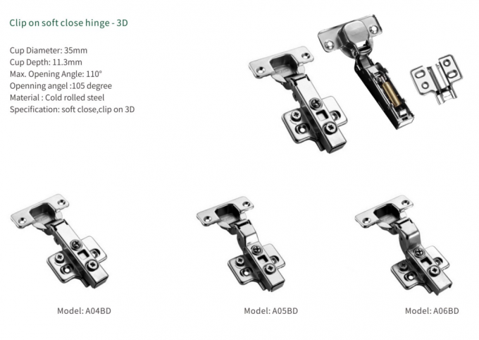 A04BD 110° 3D Clip on Soft Closing Cupboard Hinge supplier